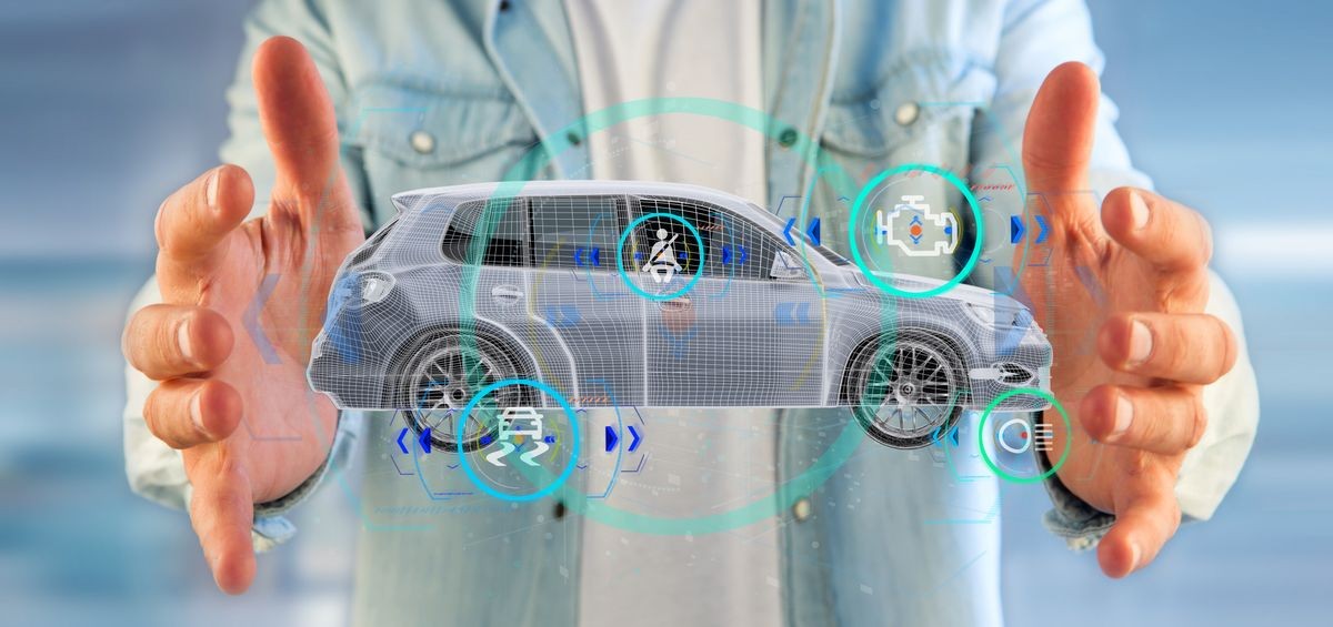View of a Man holding a Smartcar with checkings 3d rendering View of a Man holding a Smartcar with checkings 3d rendering